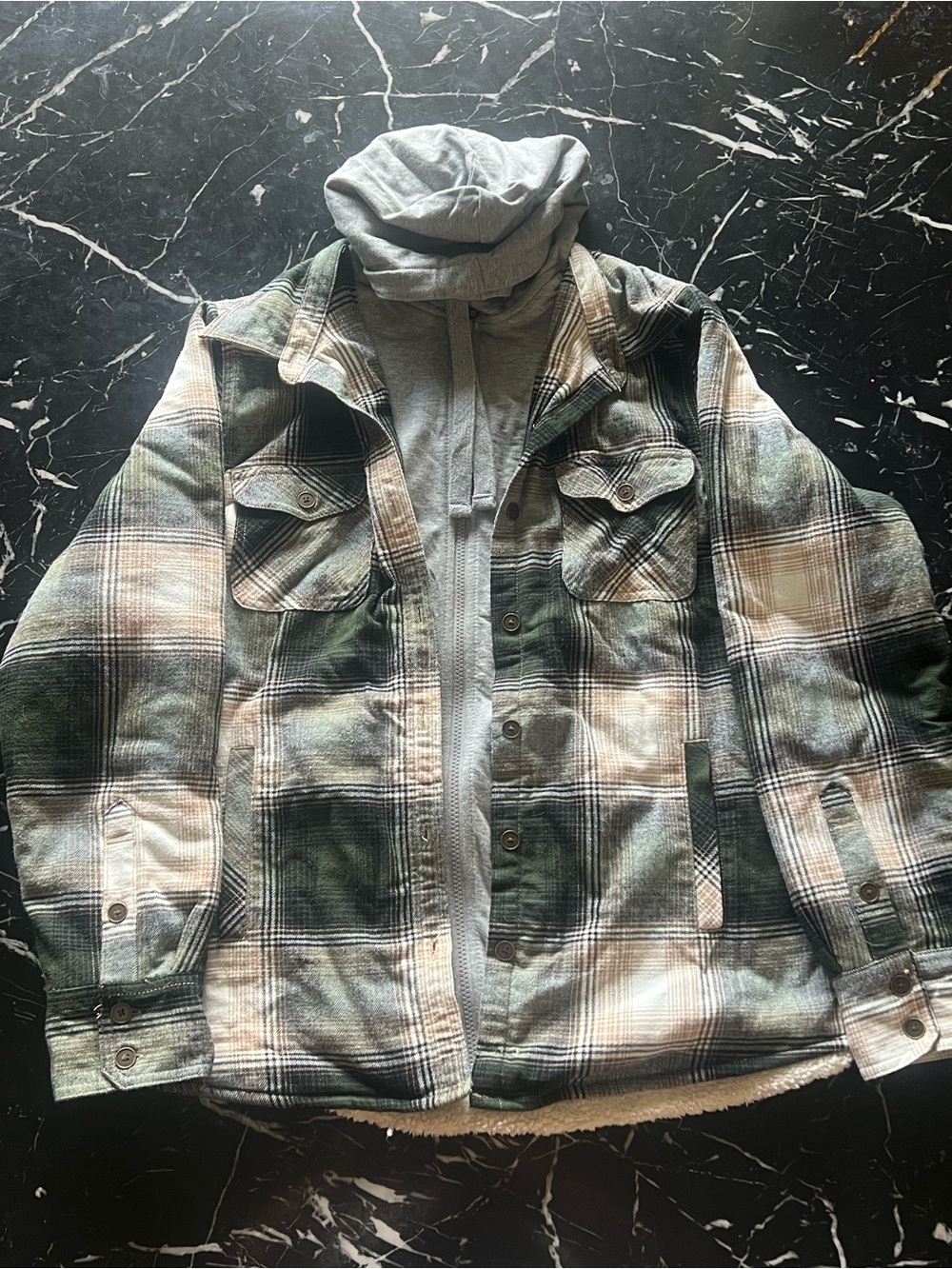 Natural Reflections Green and Cream Plaid Sherpa-Lined Shirt Jacket